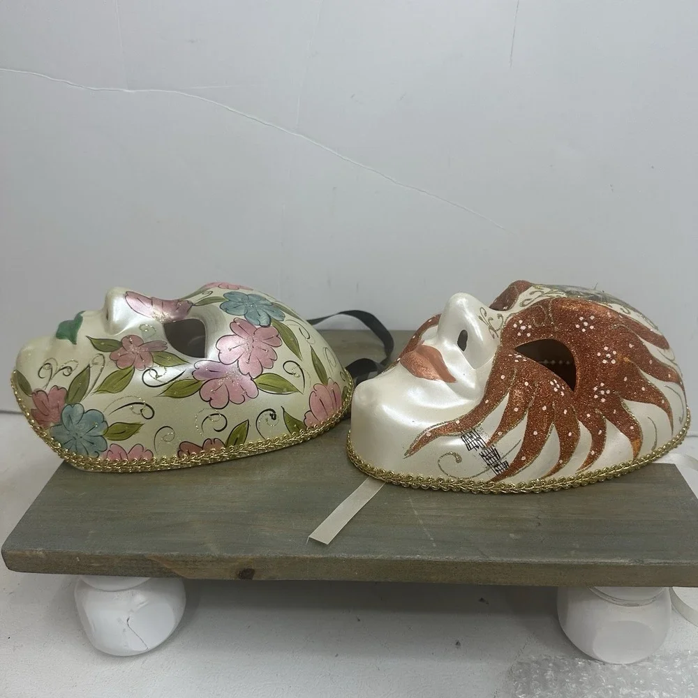 Lot Of 2 Venetian Mardi Gras Mask MASQUERADE CARNIVAL PARTY Floral Hand Painted